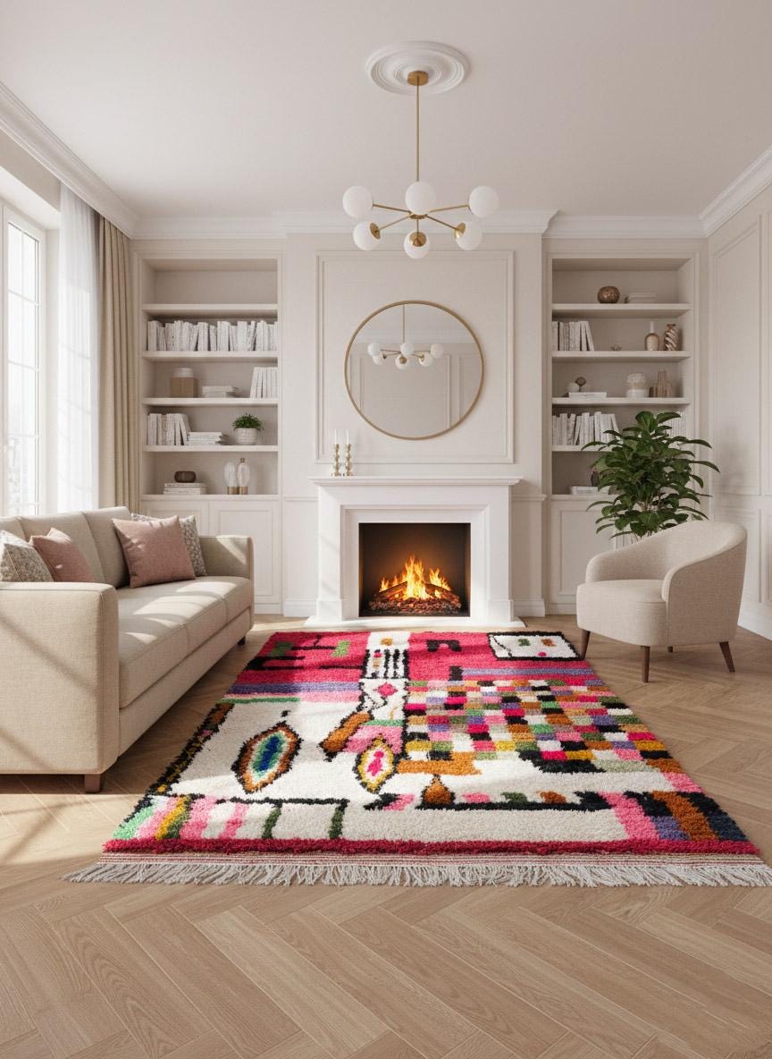 Handmade pink Moroccan area rug with colorful graphic design in living room