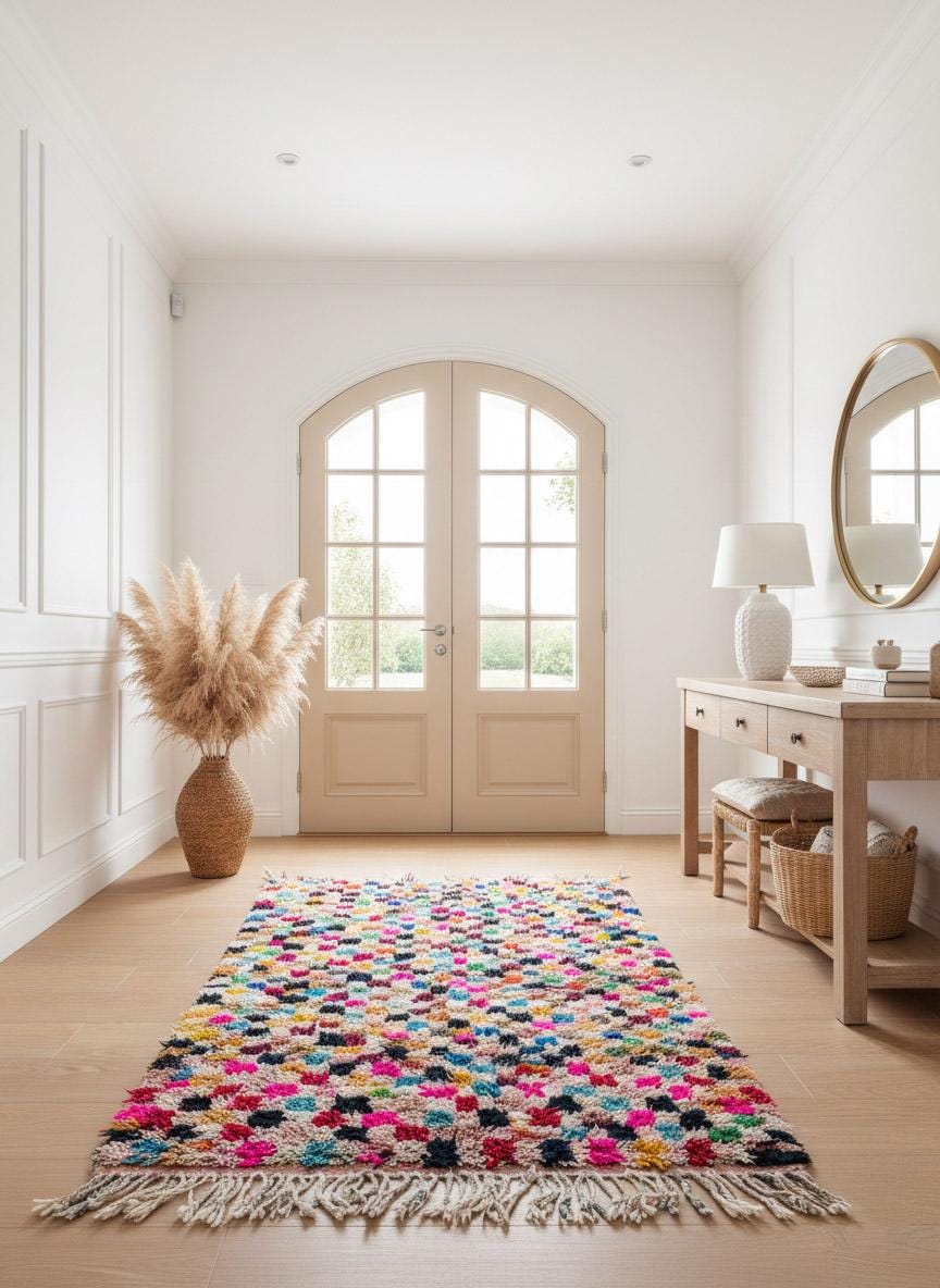 Colorful pink Moroccan rug in bright entryway