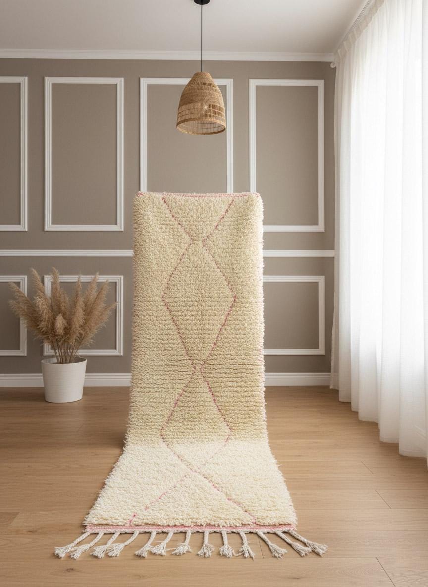Vertical view of handmade Moroccan runner rug with soft pink diamond motifs