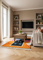 Modern Moroccan wool rug displayed vertically
