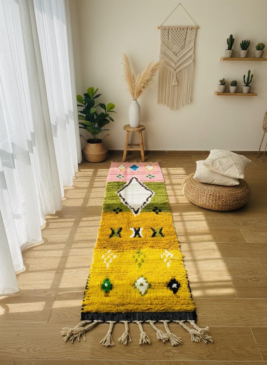 Handmade yellow Moroccan runner rug in bright entryway