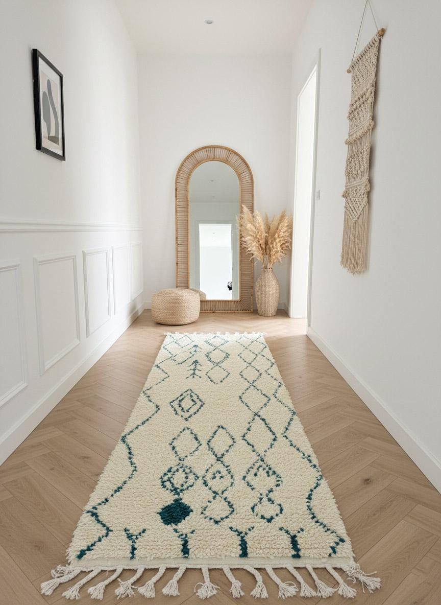 Vertical view of handmade Moroccan runner rug with diamond design