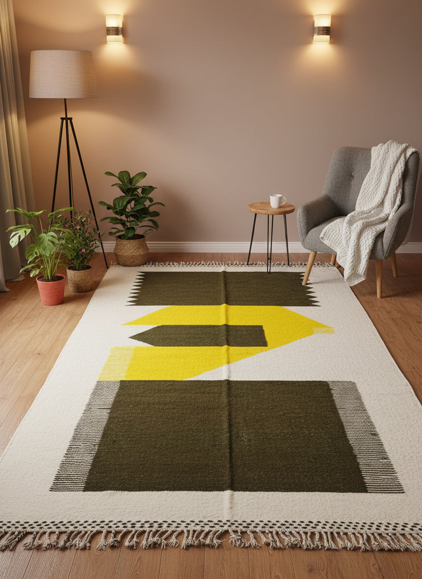 Cozy reading corner featuring Taznurt Berber rug in olive and mustard tones with soft lighting and plants