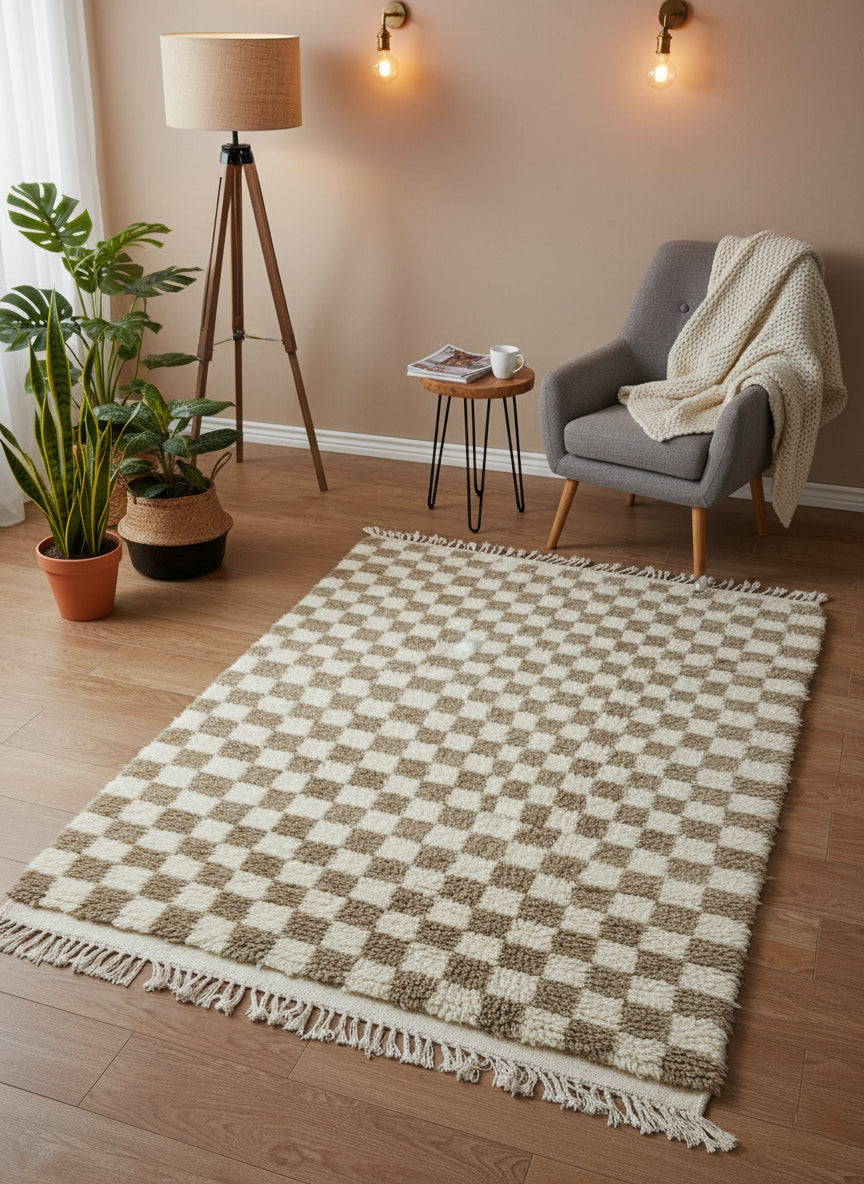 Handwoven Moroccan Timzar Rug with fringed edges displayed in a boho-inspired corner.