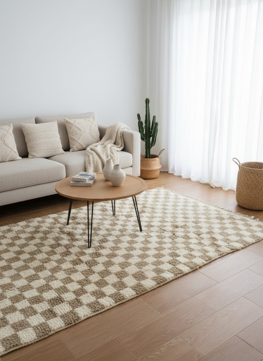Neutral living room with beige and cream checkered Timzar Boho Rug under a wooden coffee table.