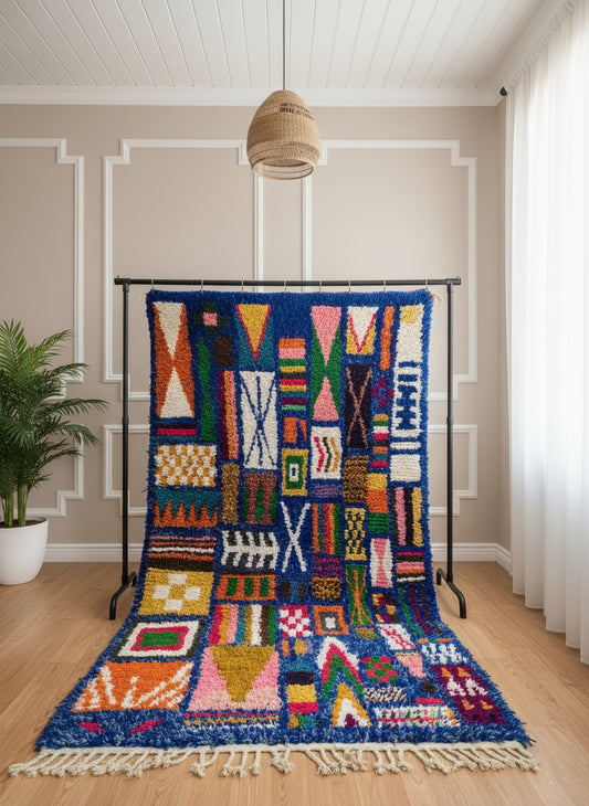 Handwoven Berber Igran rug with vibrant geometric motifs.