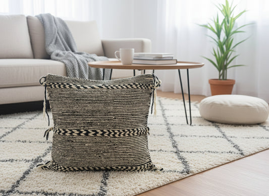 Handwoven Tisra Moroccan pillow on rug in cozy living room decor setting