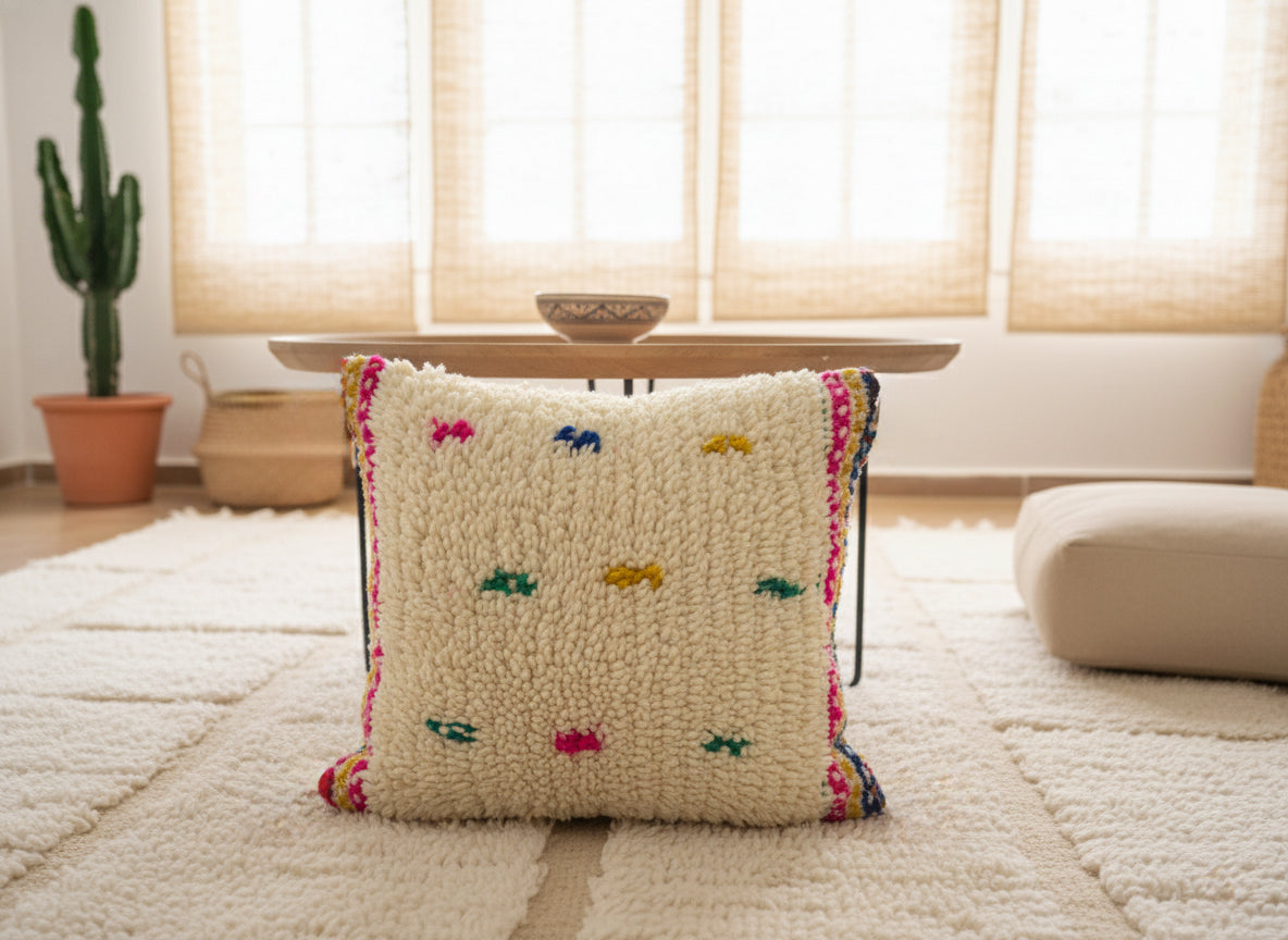 Decorative pillow with colorful embroidered designs on a couch in a living room.