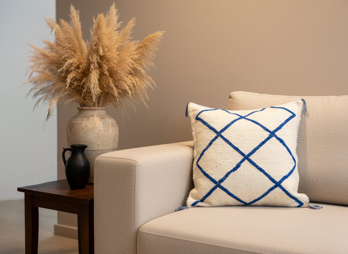 Handwoven Tinessa blue and white Berber pillow on beige sofa