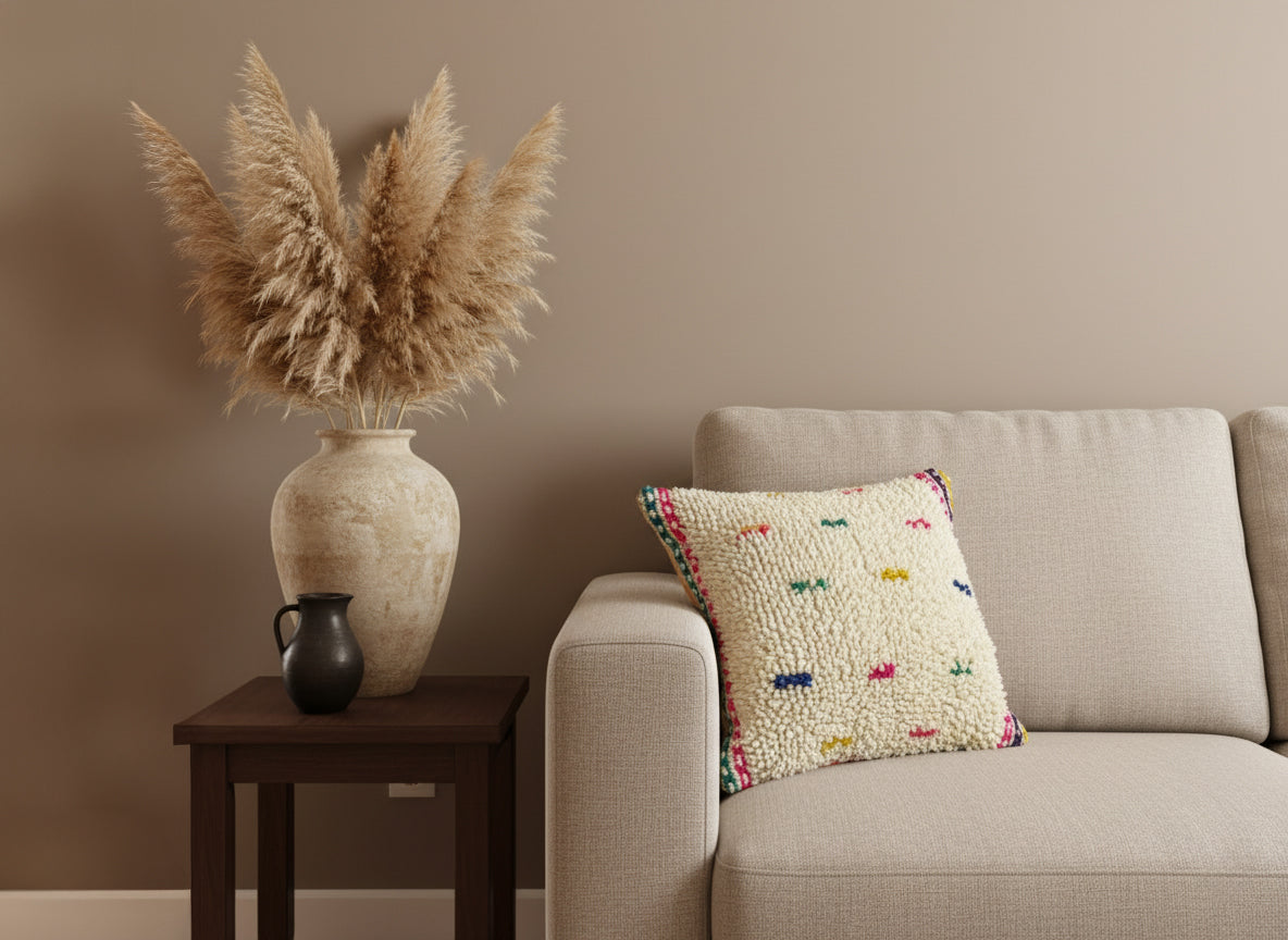 Decorative pillow on a couch next to a vase with pampas grass against a beige wall.