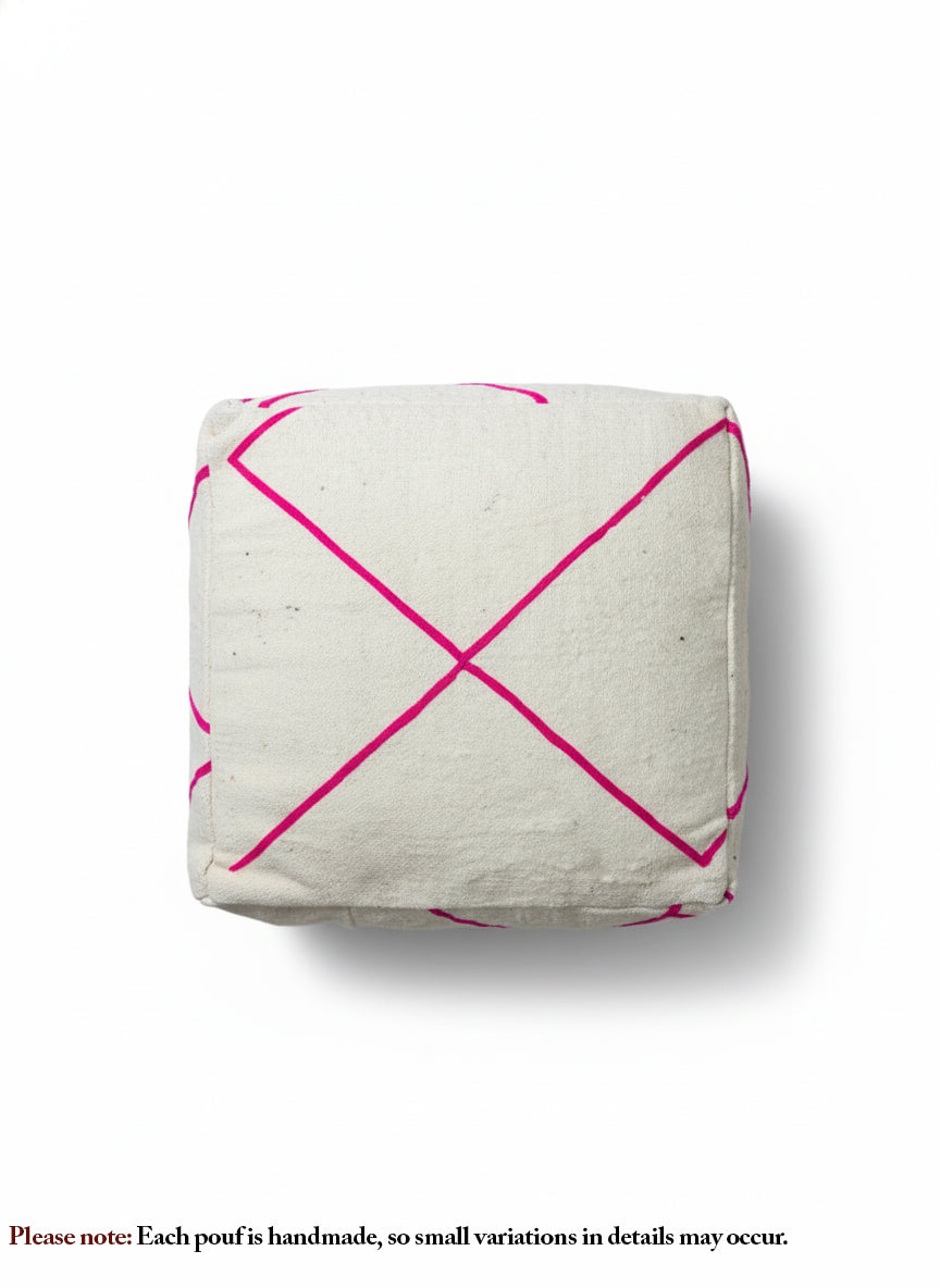 Top view of Moroccan pouf with pink cross design