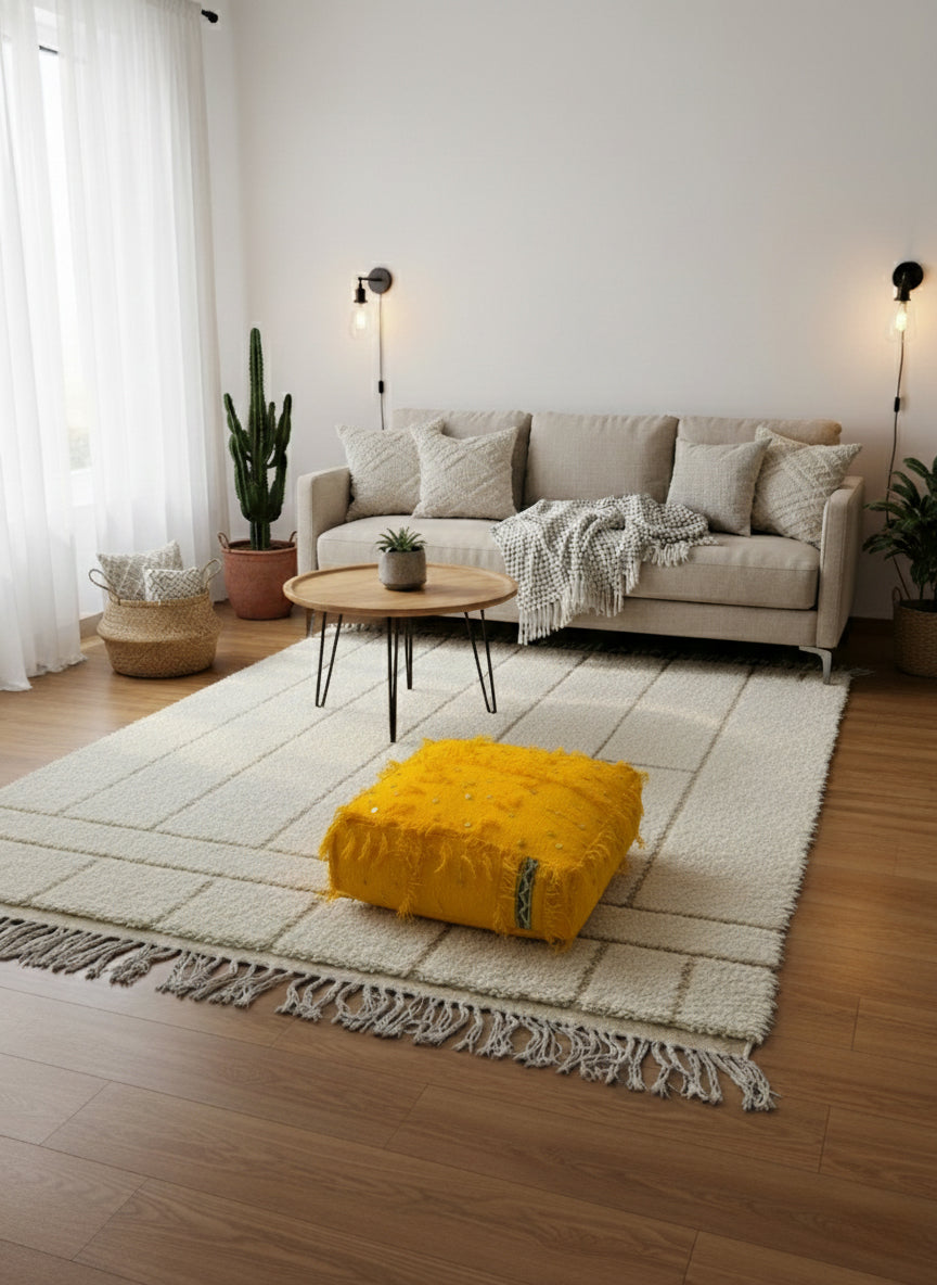 Yellow Berber pouf adding color in a neutral living room with natural decor.