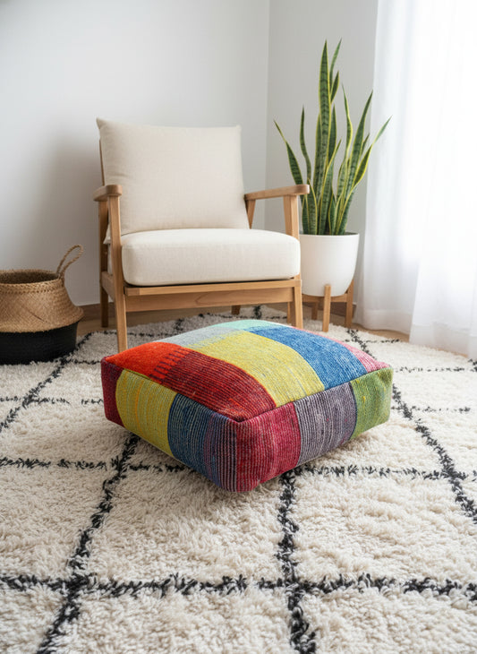 Colorful Berber wool pouf placed on a cream Moroccan rug in a cozy living room.