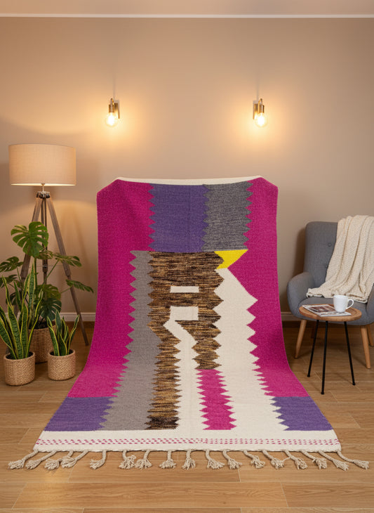 Handmade Tighilt Berber rug in fuchsia, purple, and cream with geometric pattern and fringes.
