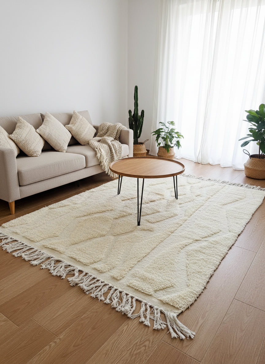 Cream Moroccan wool rug styled under coffee table and beige sofa