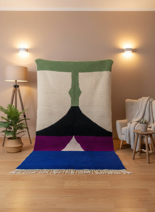 Handmade Moroccan Tissam Berber wool rug with bold green, black, purple, and blue geometric design