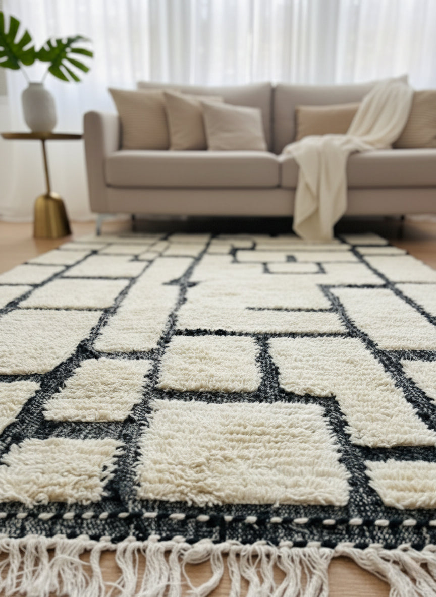 Tirina Berber wool rug with cream base and black geometric pattern in modern living room