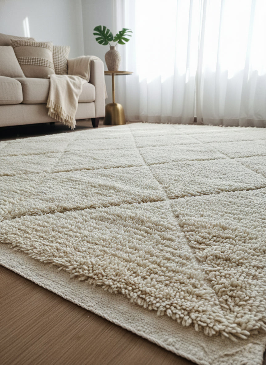 Cream Berber rug with diamond pattern in a modern beige living room