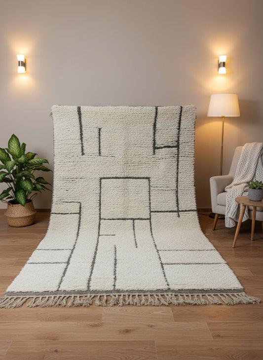 Tifawin Moroccan rug displayed in cozy living room with soft lighting