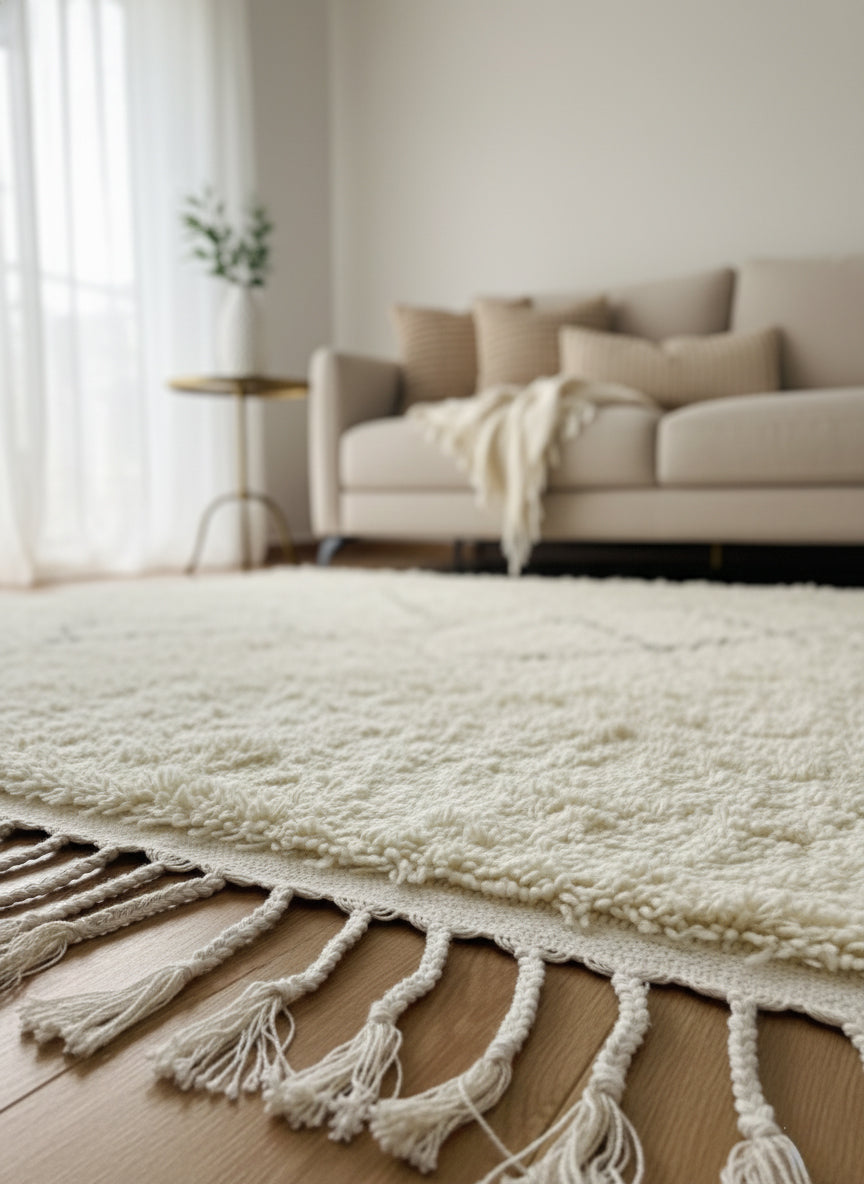 Close-up of Itriwan Moroccan rug tassels and thick wool texture