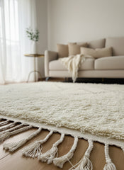 Close-up of Itriwan Moroccan rug tassels and thick wool texture