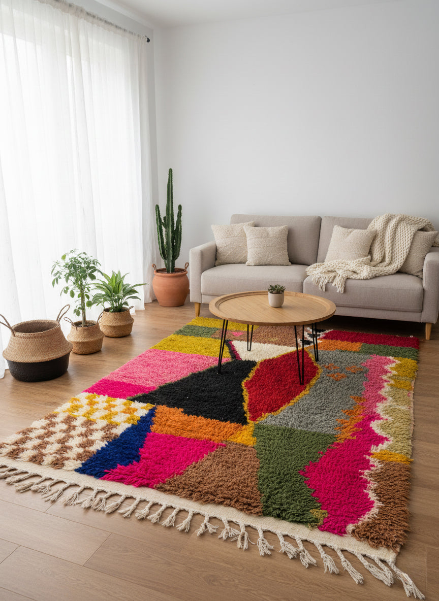 Itto Moroccan rug in modern living room with beige sofa and wooden table
