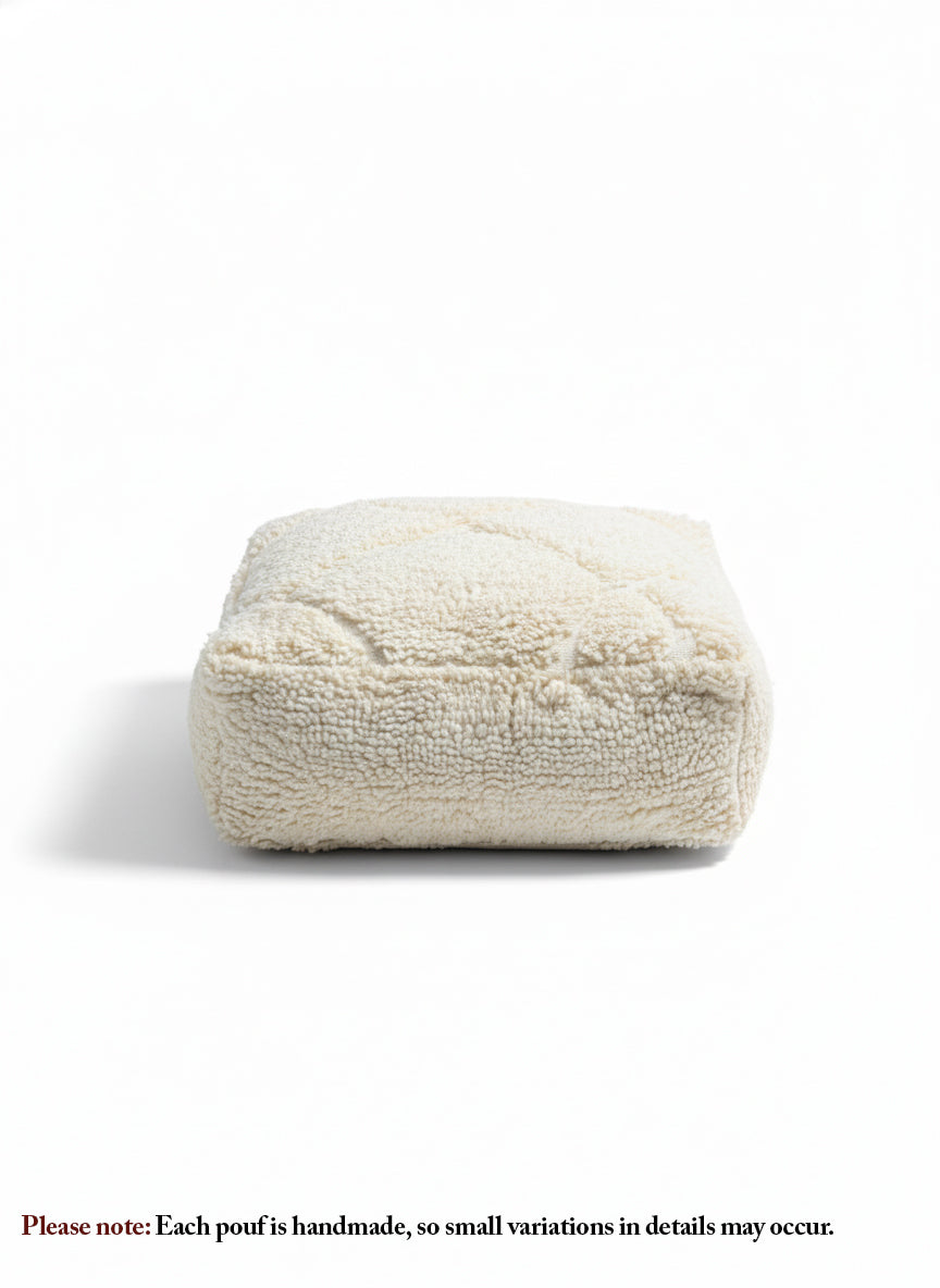 Beige Berber wool pouf with textured stitches, handmade Moroccan floor cushion