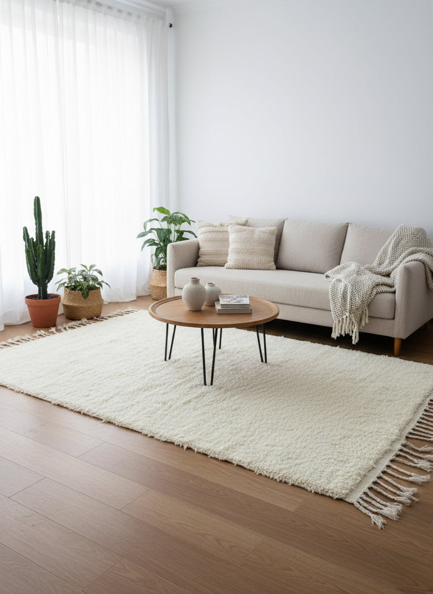 Cozy living room with Itriwan beige Moroccan wool rug and beige sofa