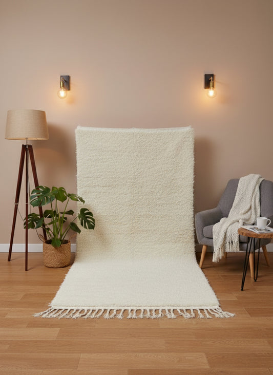 Itriwan beige rug displayed upright with soft texture and tassel edges