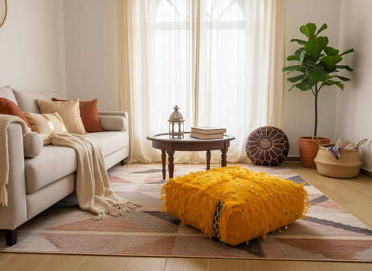 Bright yellow Moroccan pouf styled as a floor cushion in a cozy living space.