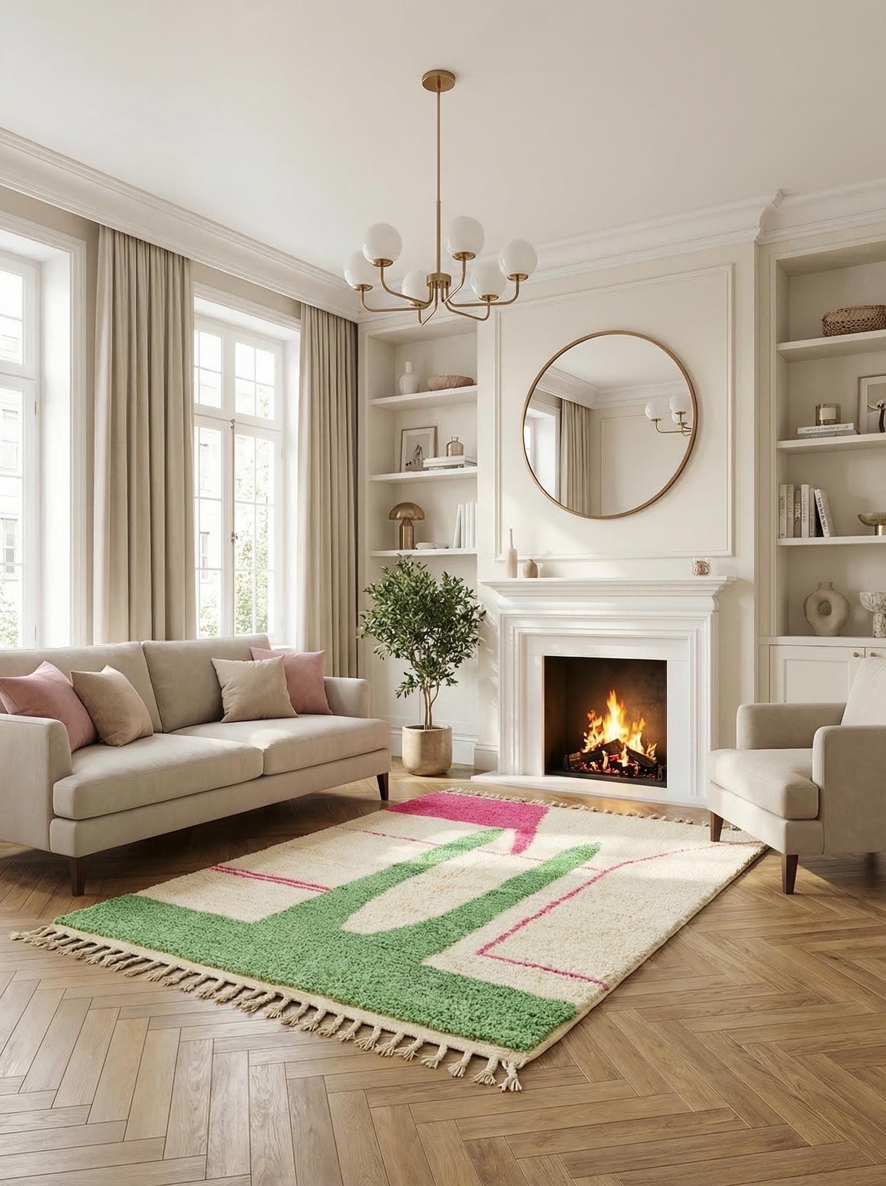 Modern Moroccan cactus rug styled in living room with fireplace and neutral furniture
