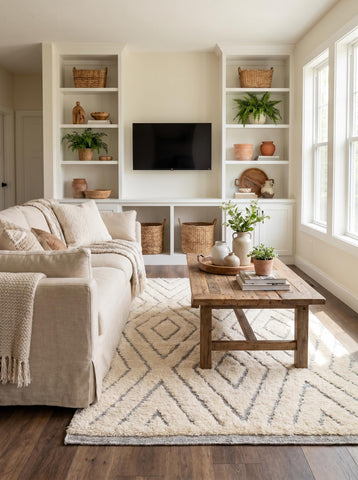 Ivory Moroccan rug with diamond pattern styled under a wooden coffee table in a warm, minimalist living room.