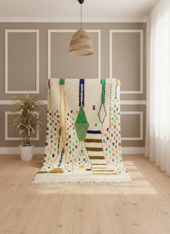 Moroccan wool rug with colorful abstract Berber symbols