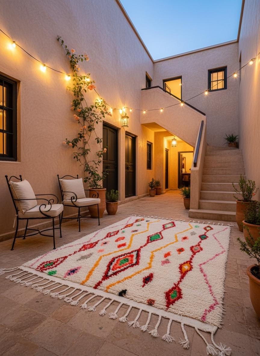 Handwoven Moroccan rug styled in a courtyard with soft lighting and traditional Berber patterns