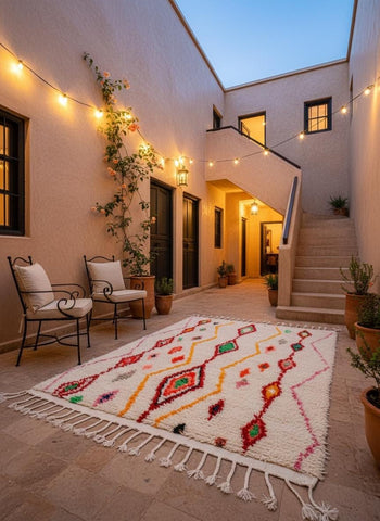 Handwoven Moroccan rug styled in a courtyard with soft lighting and traditional Berber patterns