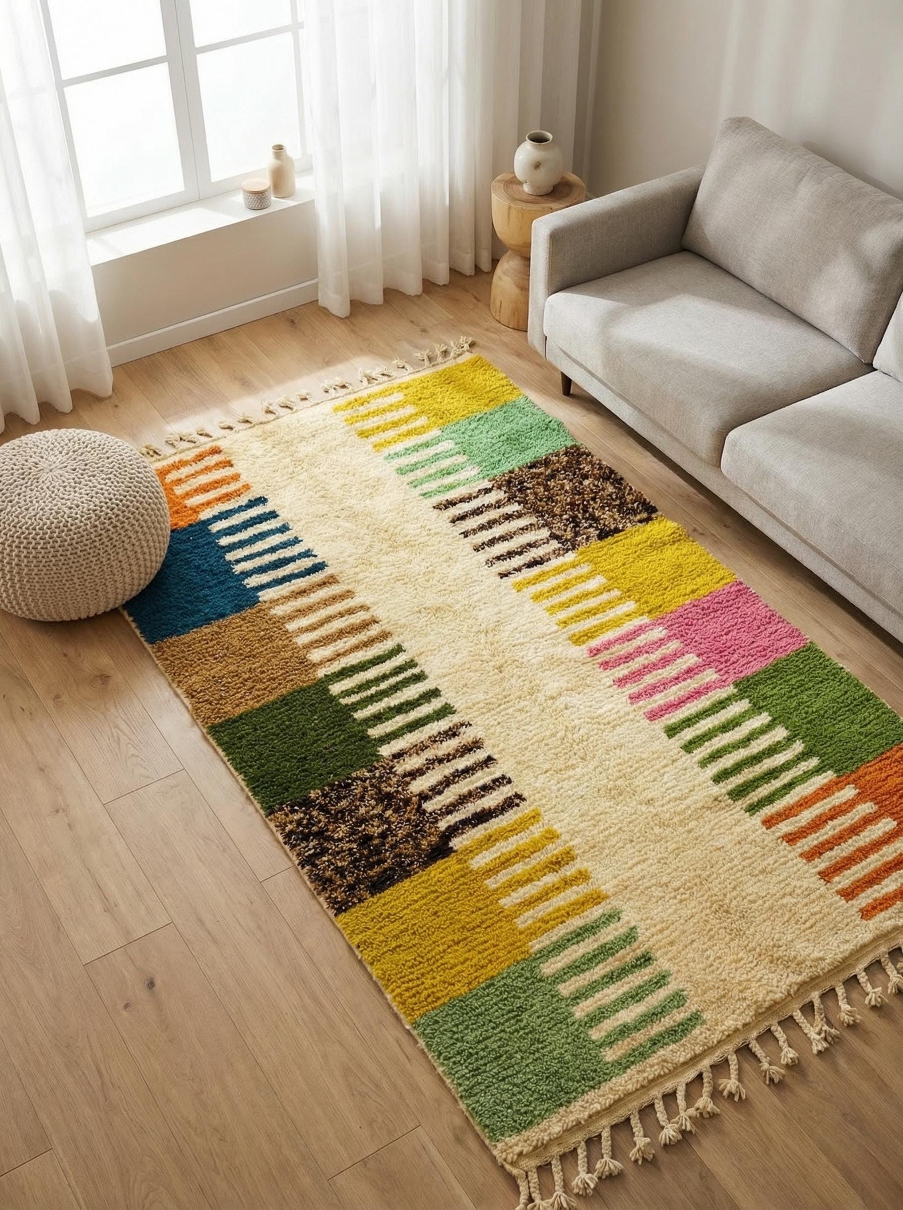 Handmade Berber rug with vibrant blocks in minimalist interior
