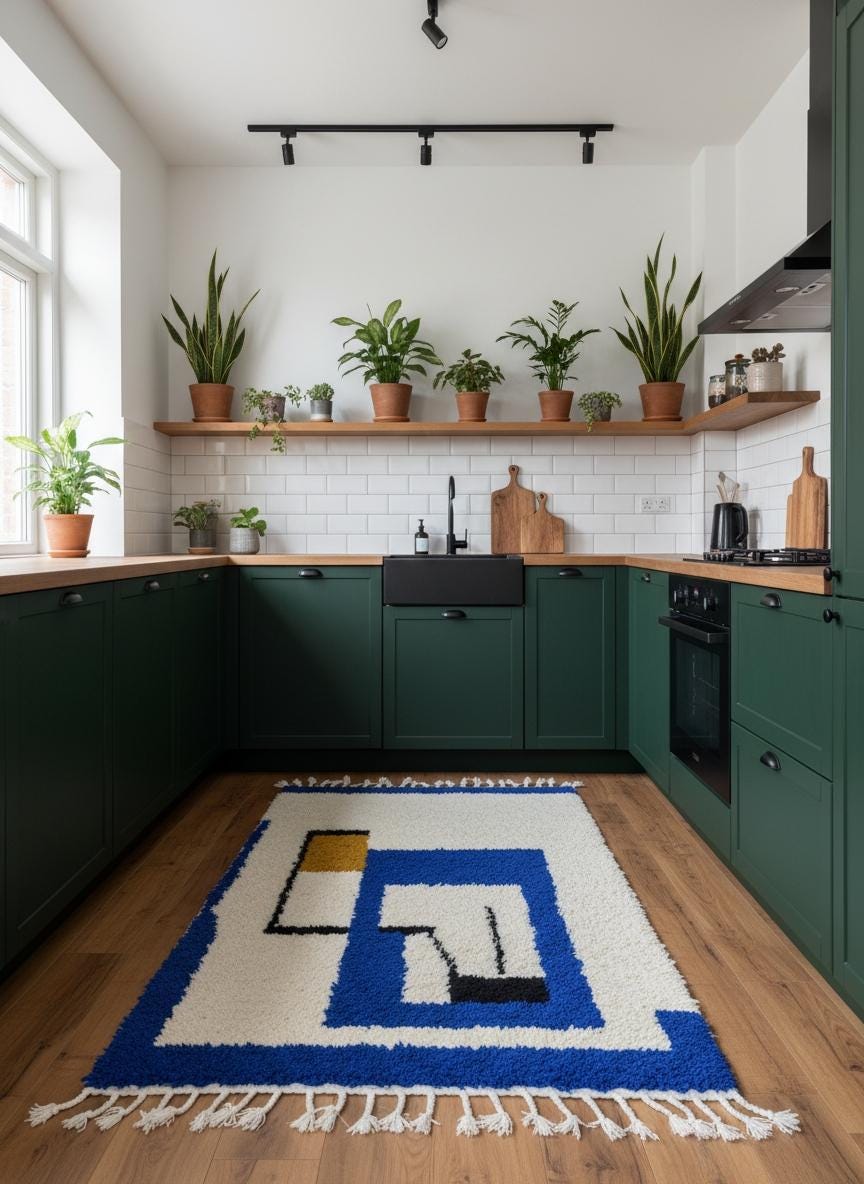 Handmade Berber Area Rug Styled in a Contemporary Kitchen with Blue Abstract Pattern