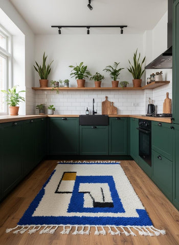 Handmade Berber Area Rug Styled in a Contemporary Kitchen with Blue Abstract Pattern