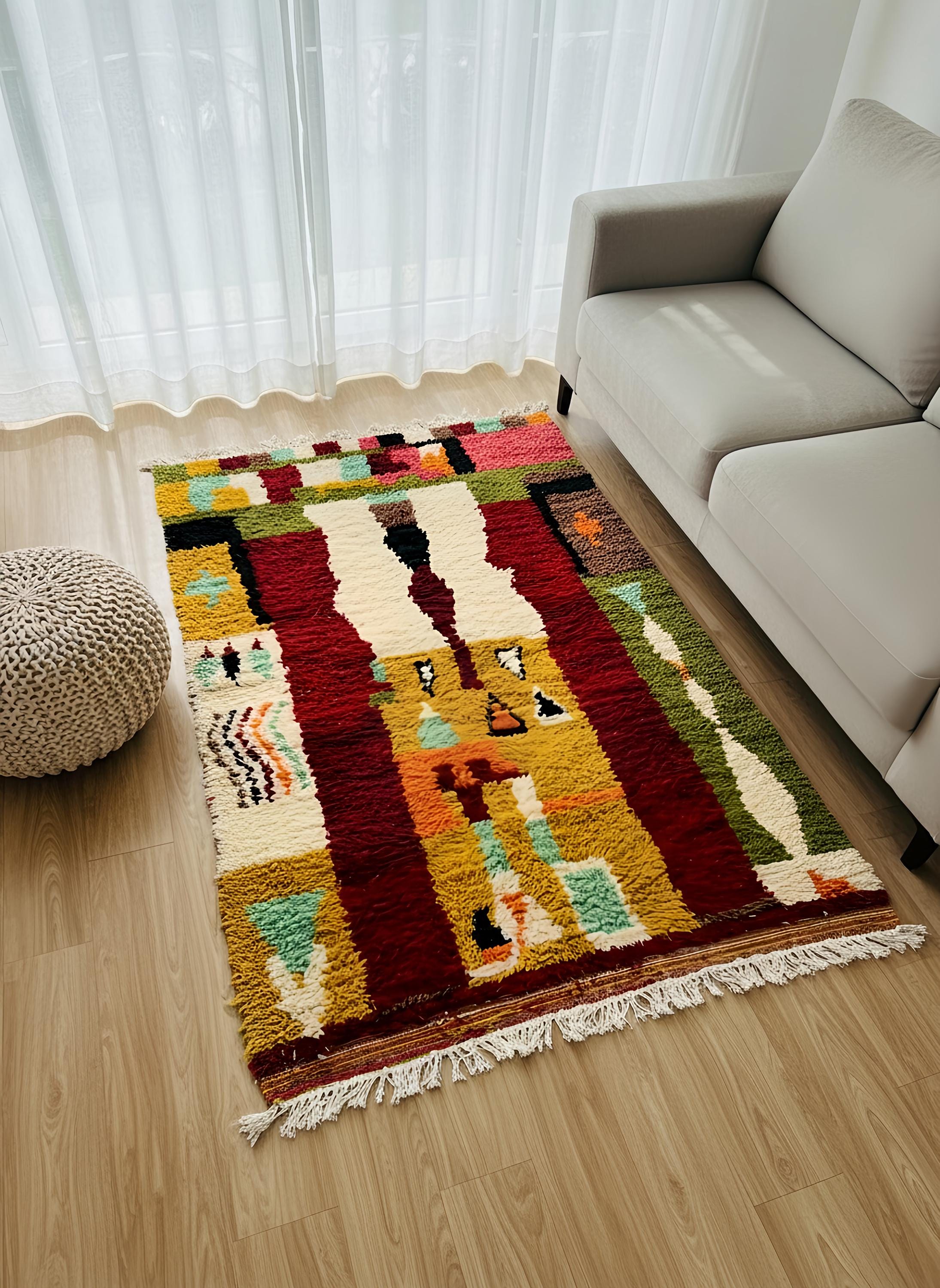 Small Moroccan wool rug with colorful abstract design placed beside a sofa in a sunlit corner.