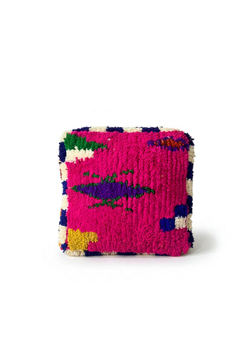 Pink Moroccan wool pouf with blue checkered pattern