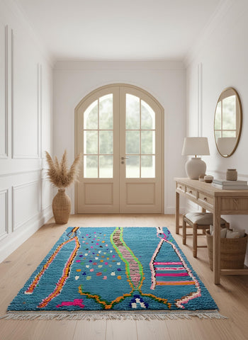 Blue Moroccan rug with artistic pattern placed in a bright entryway with wooden console and natural decor.