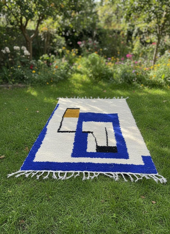 Contemporary Moroccan Wool Rug with Geometric Blue Motifs and Fringe Detailing