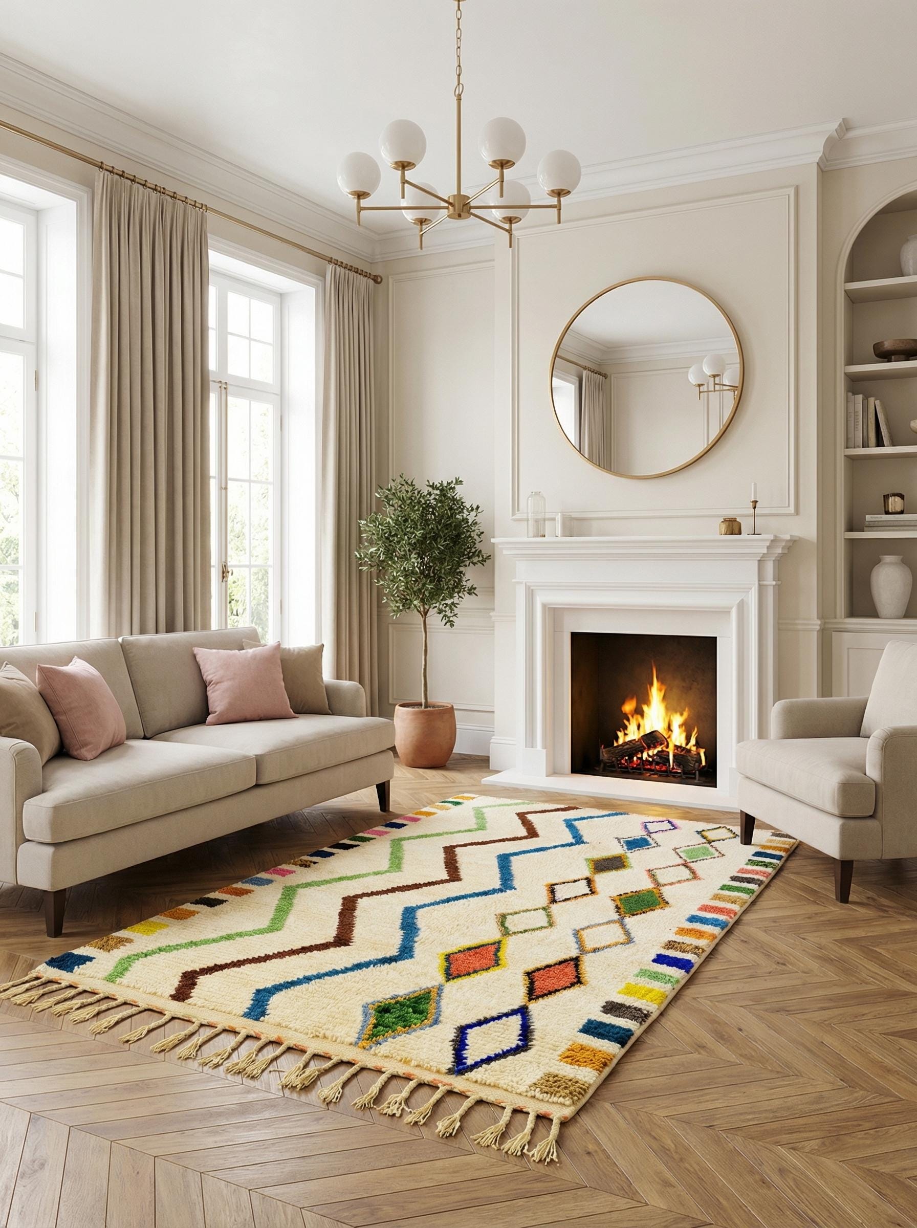Handmade Moroccan rug with zigzag lines and tassel edges in a cozy living room