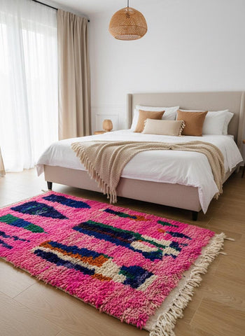 Pink Moroccan wool area rug styled in bedroom