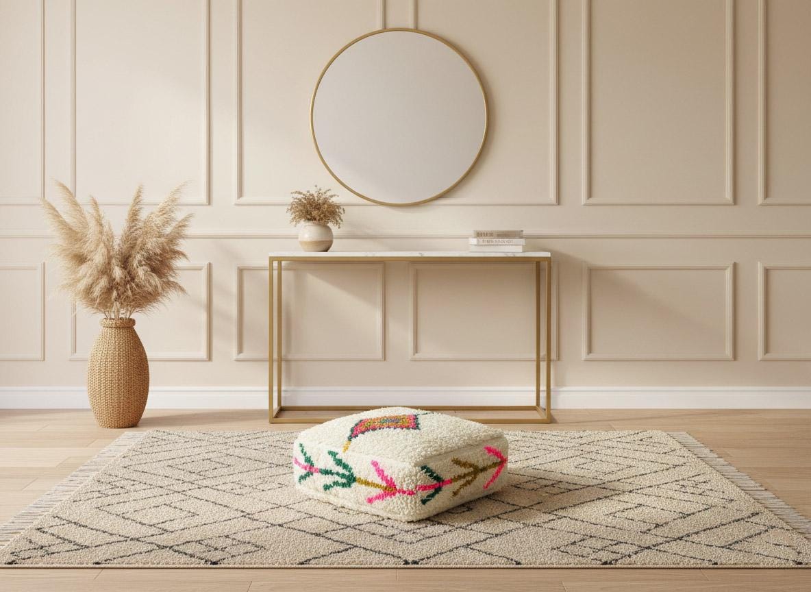 Square Moroccan Berber wool pouf on patterned rug