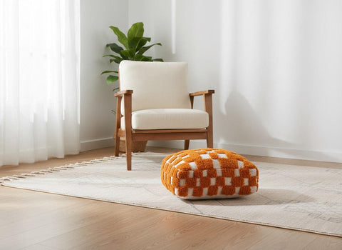 Square Moroccan wool pouf with orange geometric pattern