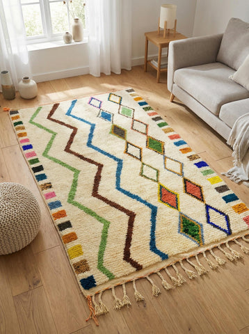 Cream Berber rug with colorful accents in modern interior
