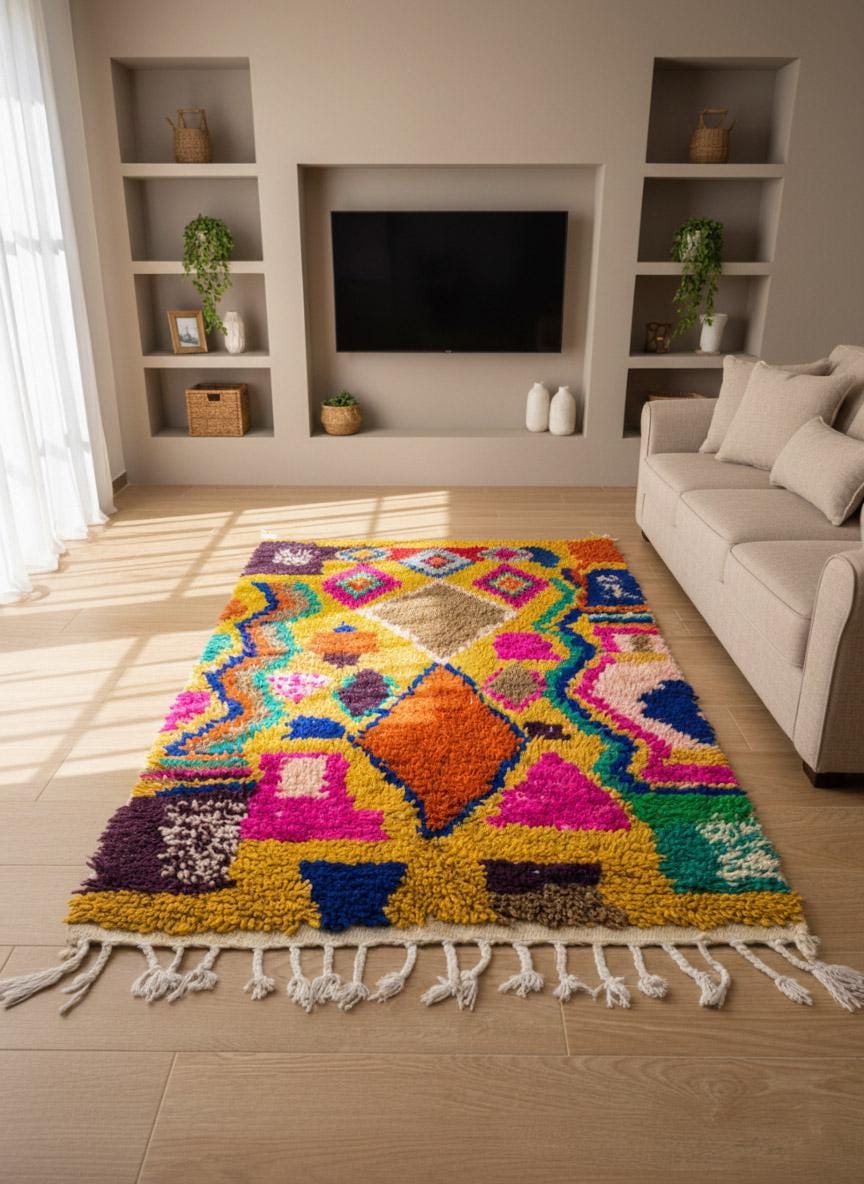 Yellow wool rug with multicolor shapes and tassels on wooden floor
