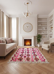 Beige pink Moroccan rug with diamond design in modern living room