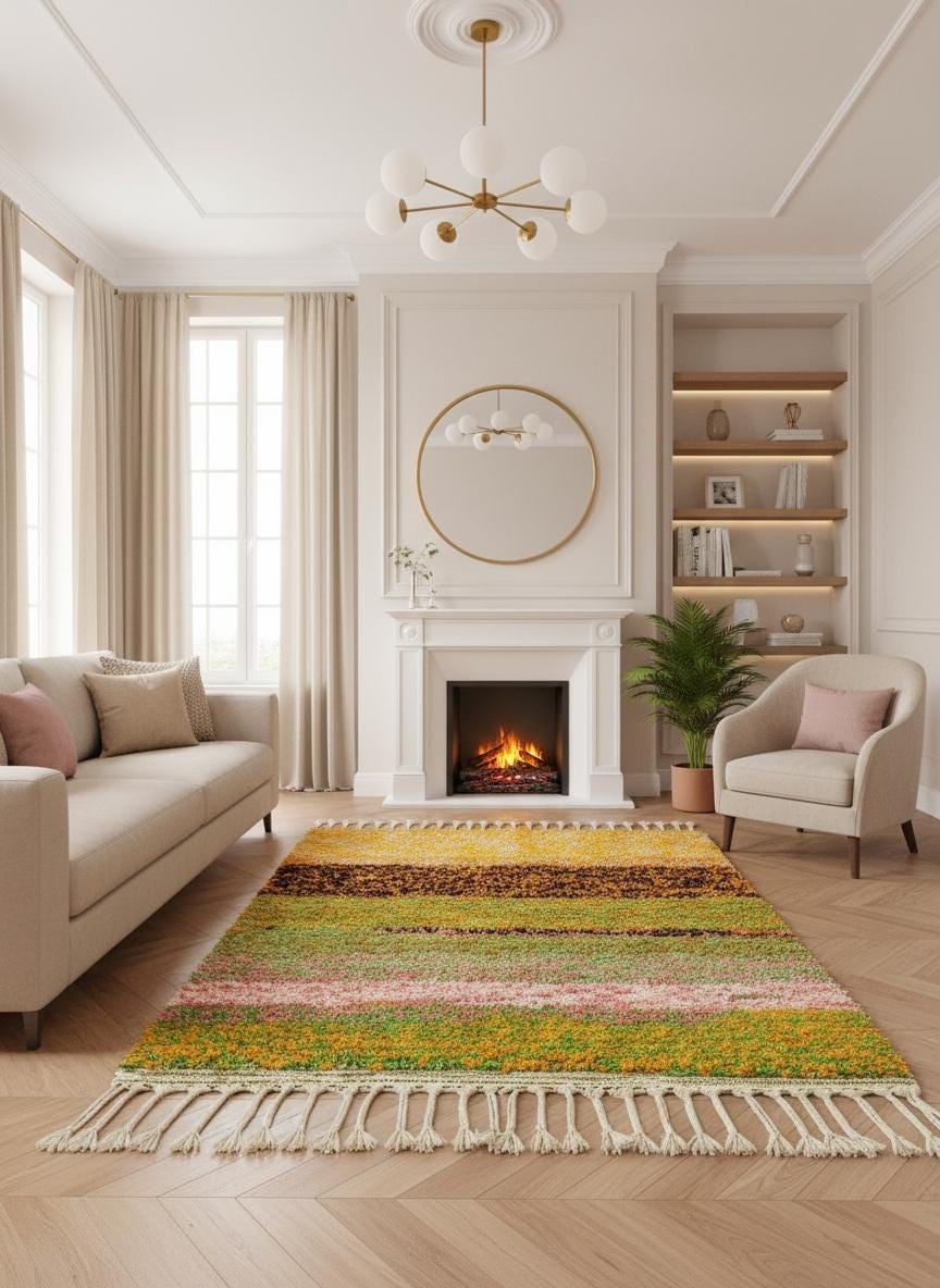 Textured Moroccan area rug in neutral living space.